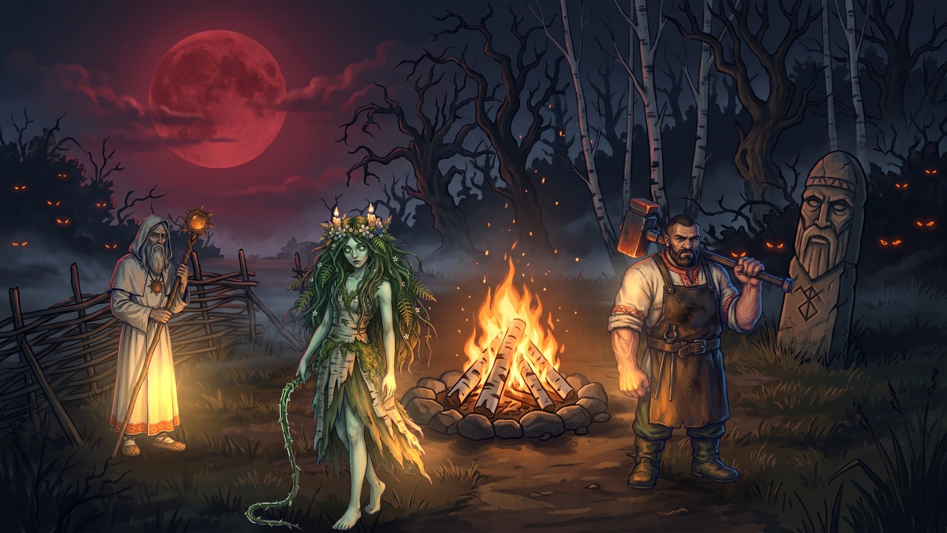 Mavka, Volkhv and Kovach at a campfire in the Borderland under a red moon; eyes glow in the thicket