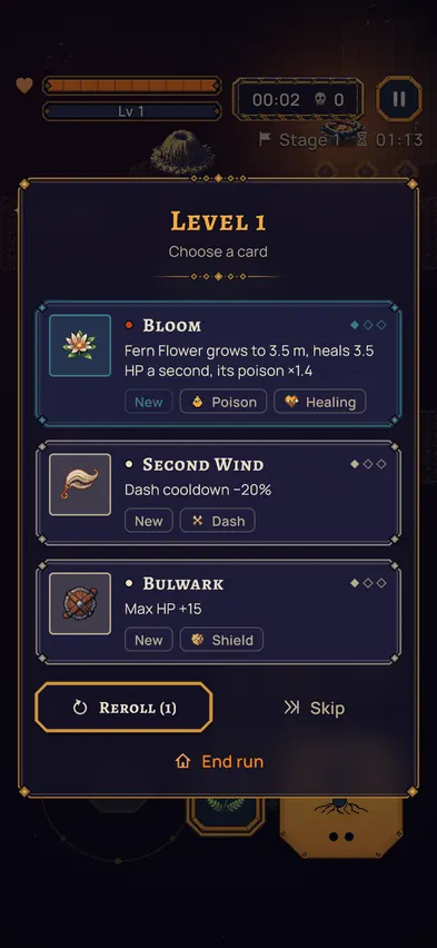 2. Level-up: one of three cards