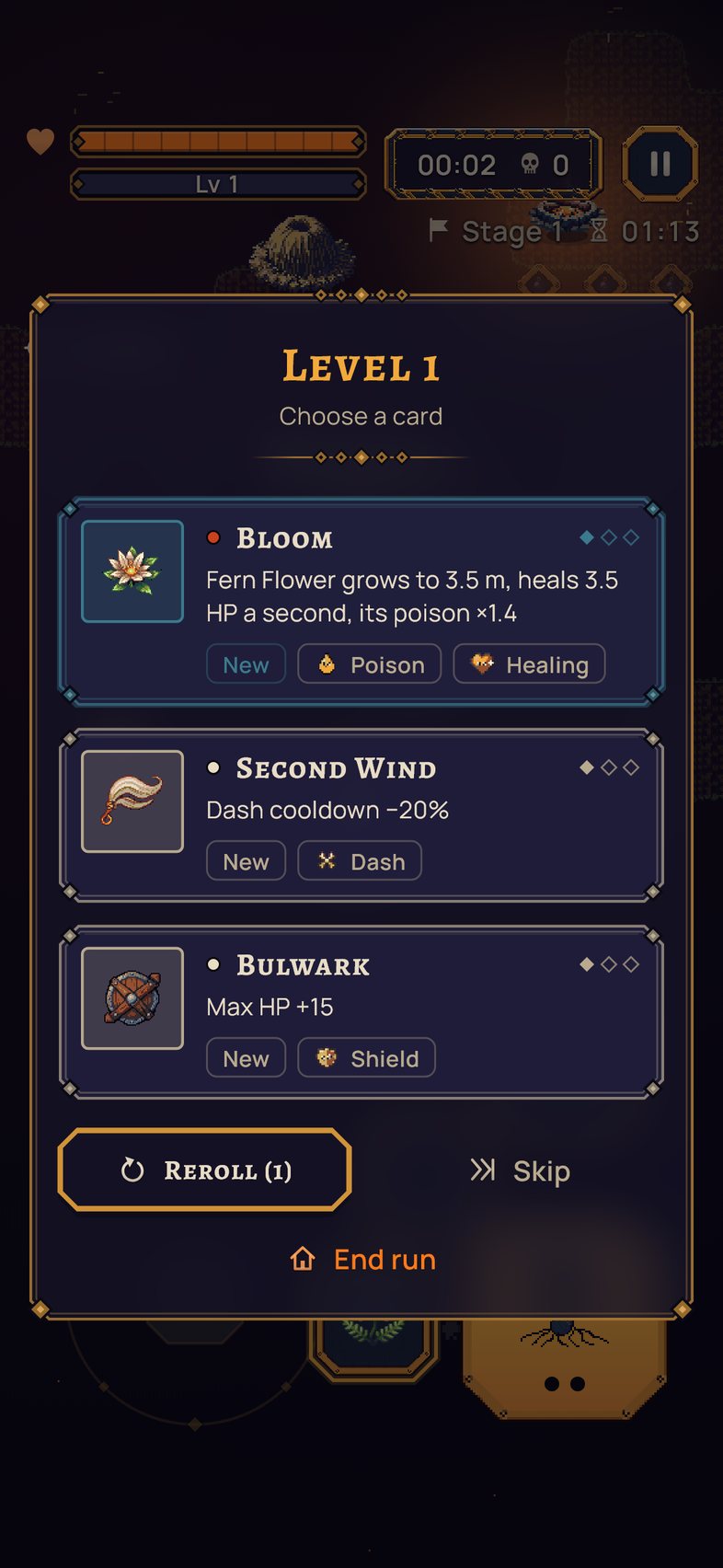 Level-up: choose one of three cards — Bloom, Second Wind or Bulwark