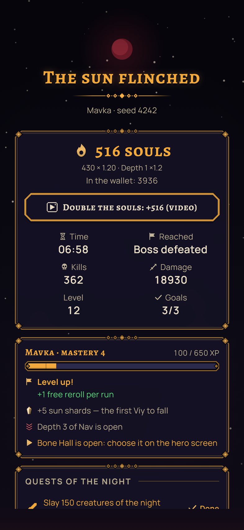 Run results: the sun flinched — souls, time, kills and the hero's mastery